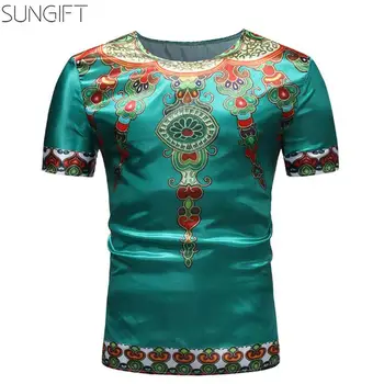 

SUNGIFT African Men's Top Dashiki African Big Size Crew Neck Short Sleeve Men Shirt 2019 Male Summer Retro Style T-Shirt
