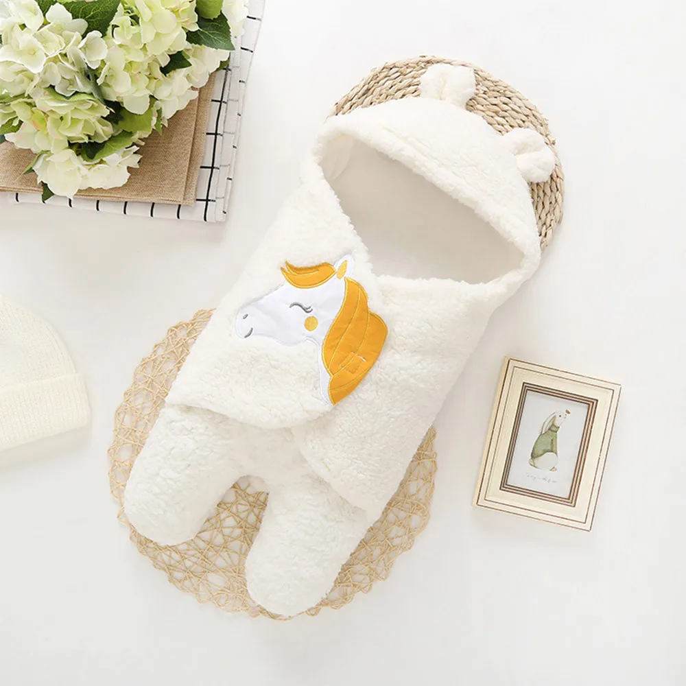 

Newborn Baby Blanket Swaddle Cartoon Horse Receiving White Sleeping Girl Wrap Coral Fleece baby swaddle 3 Color 0~12moths baby