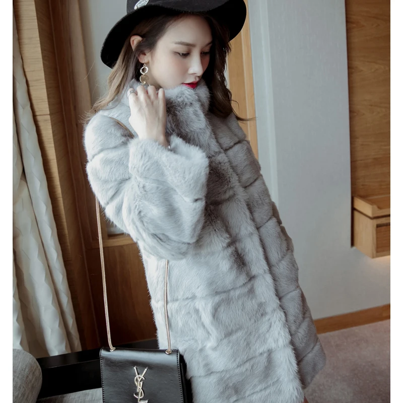 Long 90 cm Plus Size M - 6XL Wave Cut Trim High Quality Whole Skin Natural Rabbit Fur Coats Outerwear Women Real Fur Jackets