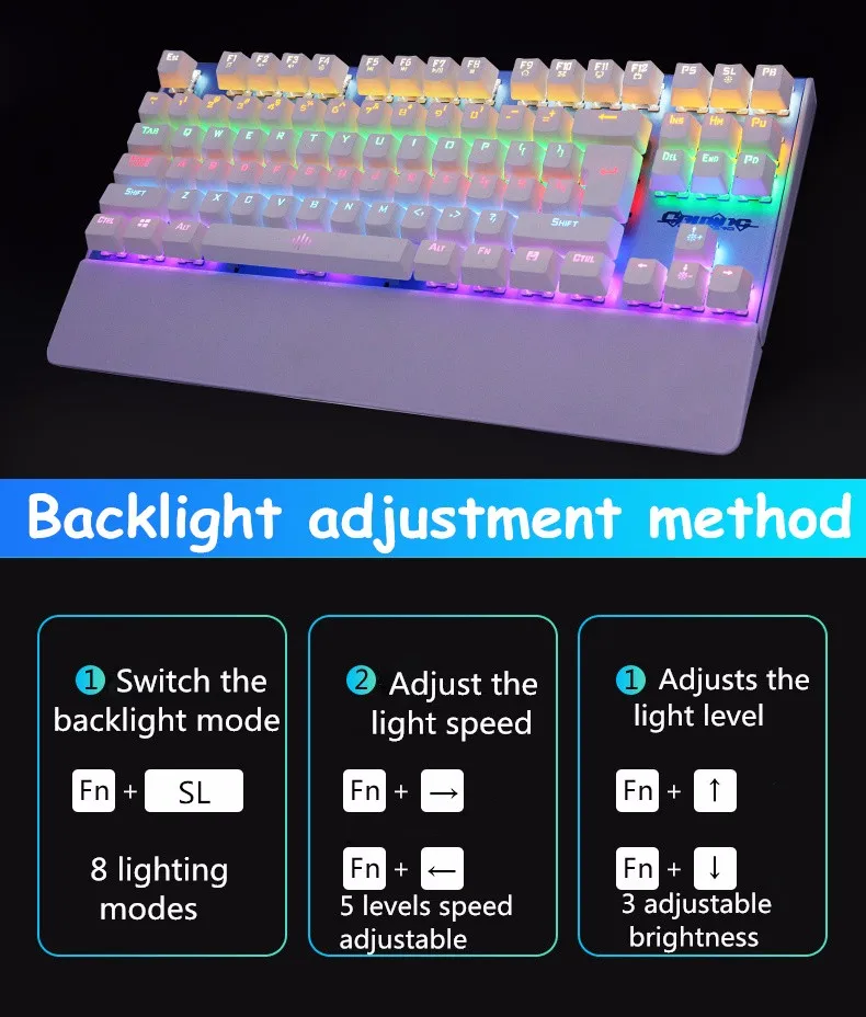Оригинальная игровая механическая клавиатура с защитой от привидения и подсветкой, синий переключатель, 87 светящийся светодиодный, проводная клавиатура, подставка для рук, русская наклейка