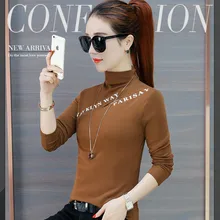 Футболка с длинными рукавами женская новая Корейская версия диких свободные женские рубашки с высоким воротником хлопок джемпер тренд