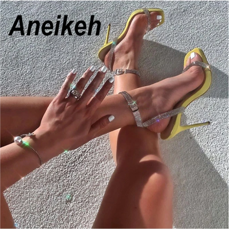 

Aneikeh New Summer Ladies High Heel Sandals Open Toe Stiletto Heels Rhinestone Sandals Solid Color Party Shoes Fashion Pumps