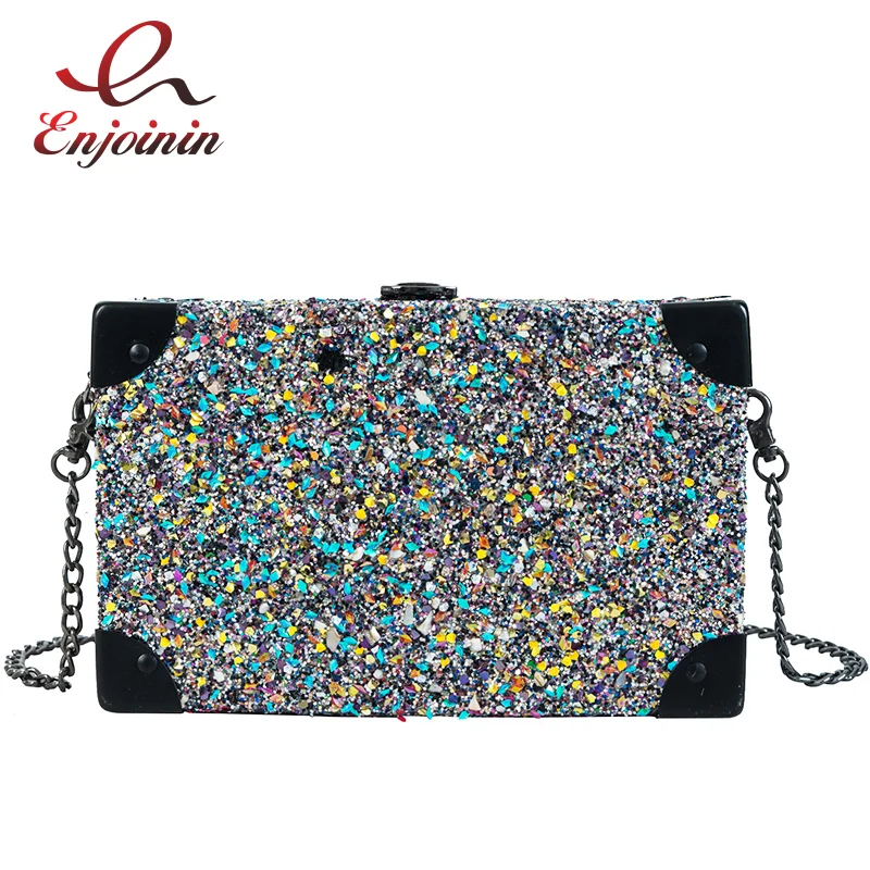 

New Arrival Shiny Sequin Design Box Style Women Party Clutch Bag Evening Bag Chain Purse Female Cross Body Mini Bag Flap Handbag