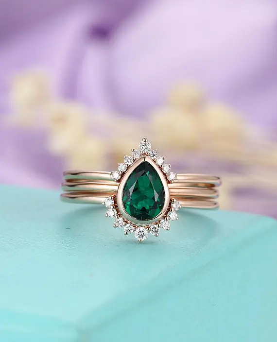 

MYRAY Lab Green Emerald Wedding Ring Set 14k Rose White Yellow Gold Natural Diamond Engagement Stacking Bridal Anniversary Gift