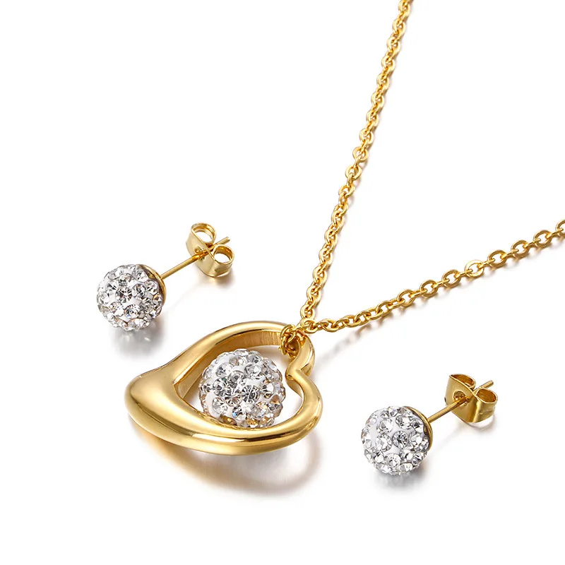 

New design gold silver stainless hollow heart clay crystal rhinestone earring and necklace jewelry set women gift lover jewelry
