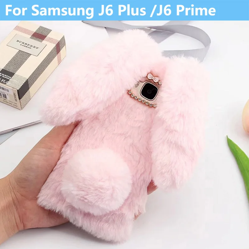 Плюшевый кролик чехол для samsung Galaxy J6 плюс J6 Prime мягкий меховой отделкой на искусственном меху 3D кроличьи уши ТПУ диаманта Bling пушистый чехол для телефона чехол