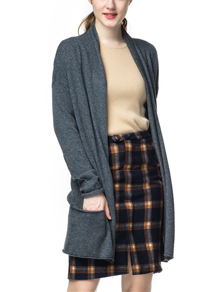  high grade 100%goat cashmere knit women fashion long cardigan sweater coat H-straight dark grey col