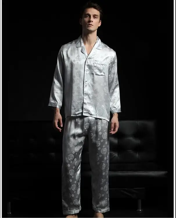 Мужские весенние шелковые пижамы Ночная рубашка с длинным рукавос пижамы