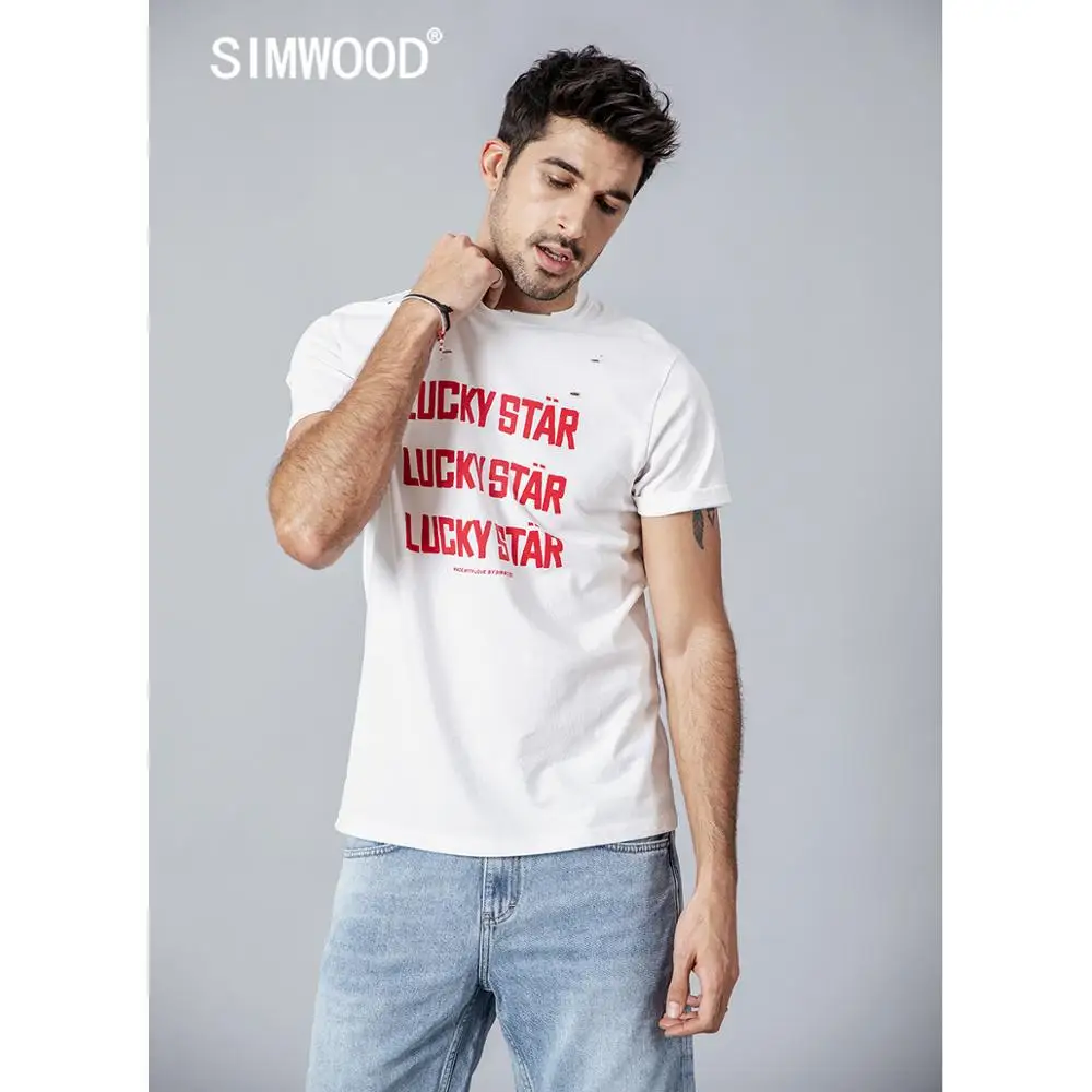 SIMWOOD 2019 летняя новая рваная Футболка мужская модная футболка с буквенным принтом