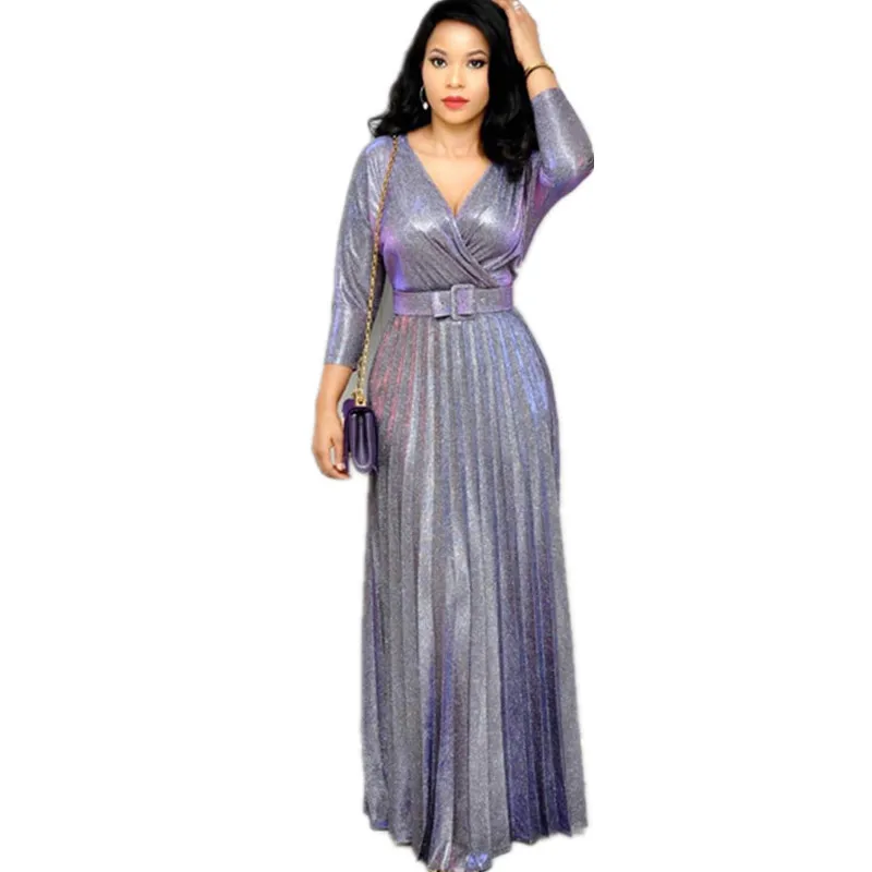 

Summer Women Fashion Office Lady Elegant Dresses Wrist Sleeve Length Gilded Pleated Swing Dress with Sashes Chameleon Fabric