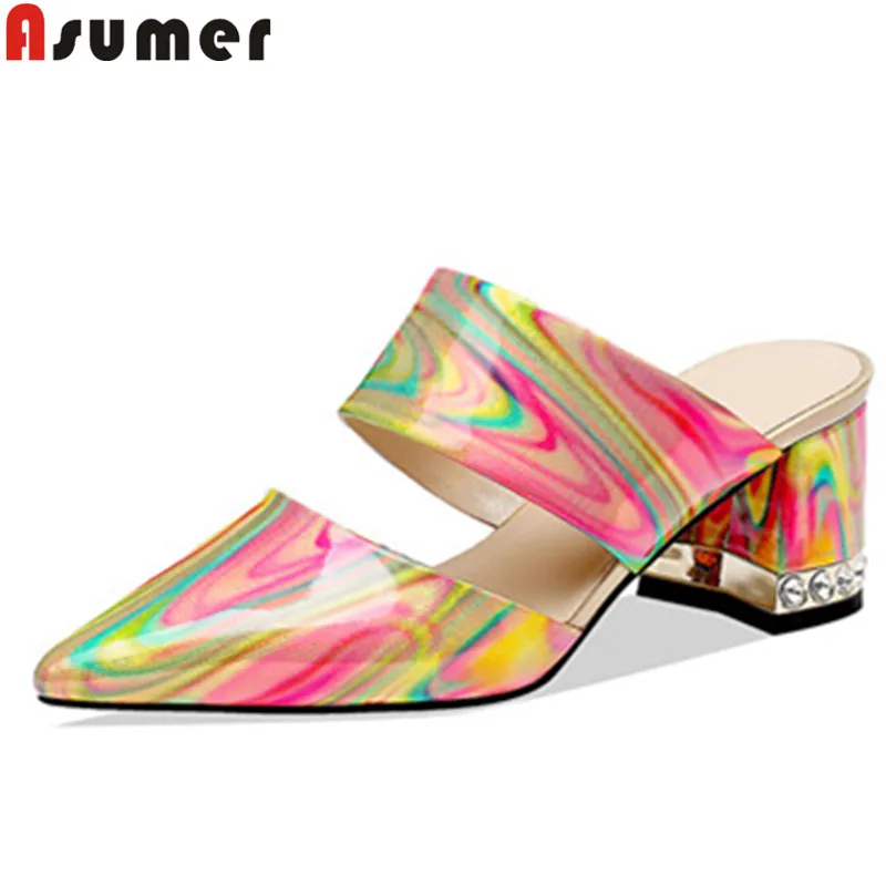 

ASUMER 2019 new summer sandals pointed toe shallow high heels shoes slingback mixed colors ladies prom shoes women sandals