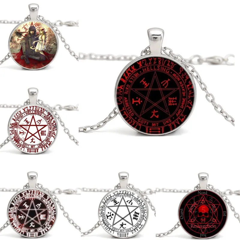 

2018 NEW Hellsing Alucard Pentagram Necklace Glass Cabochon Hellsing Pentagram Statement Pendant Necklaces Wholesale