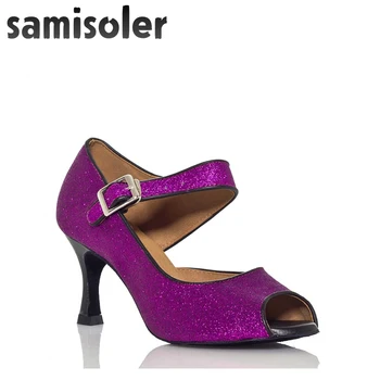 

Samisoler Purple/B/Black New Flash Cloth Collocation Shine Ribbons Ballroom Fashion Dance Women Latin Dance Competition Shoes