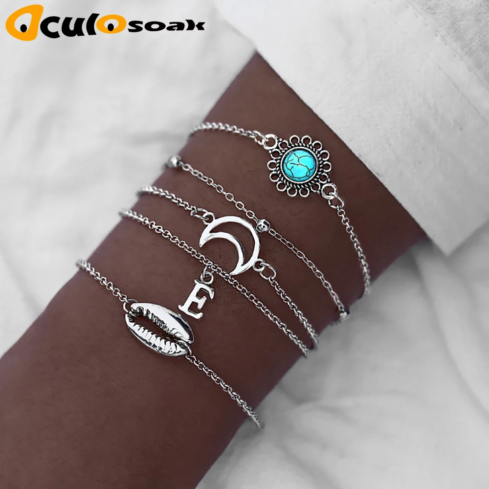 

Vintage Moon Shell Link Bracelets Set For Women Bijoux Silver Color Bracelet Bangles Adjustable Female Jewelry Boho Gifts