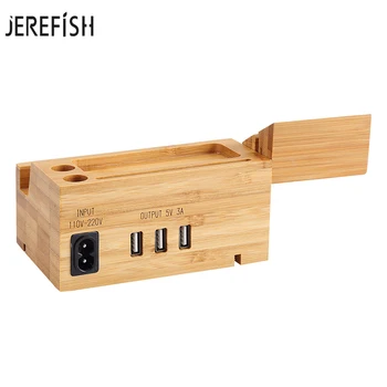 

JEREFISH 3 in 1 Mobile Phone Charger+Wood Holder Universal 3 Port USB Charging Dock Stand Charging For Watch iPhone Samsung