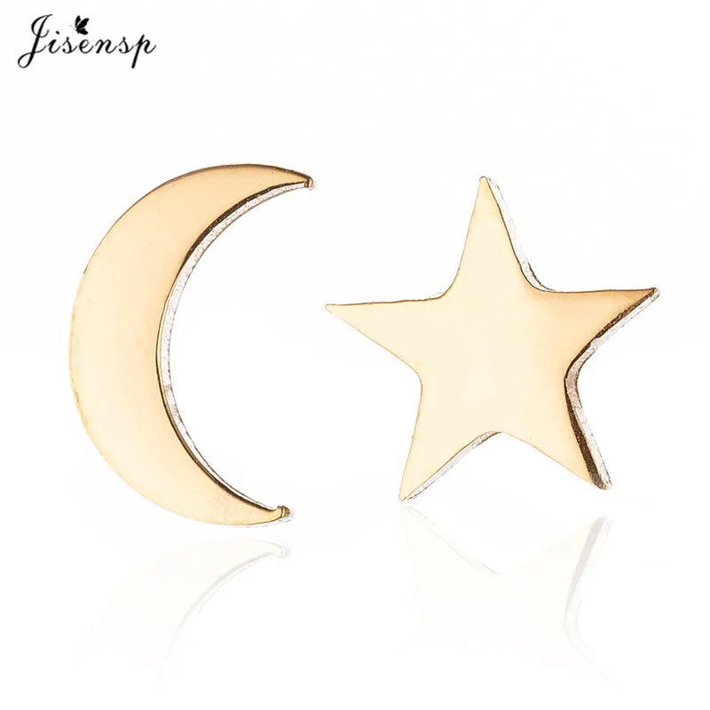 Jisensp Cute Tiny Asymmetric Moon Star Stud Earrings for Women Stainless Steel Jewelry Brincos Charming Earrings Birthday Gift