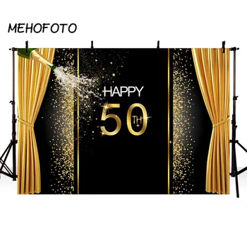 

50th Birthday Backdrop Party Banner Photography Background Black Gold Champagne Decorations Backdrops for Photo Shoot Pictures