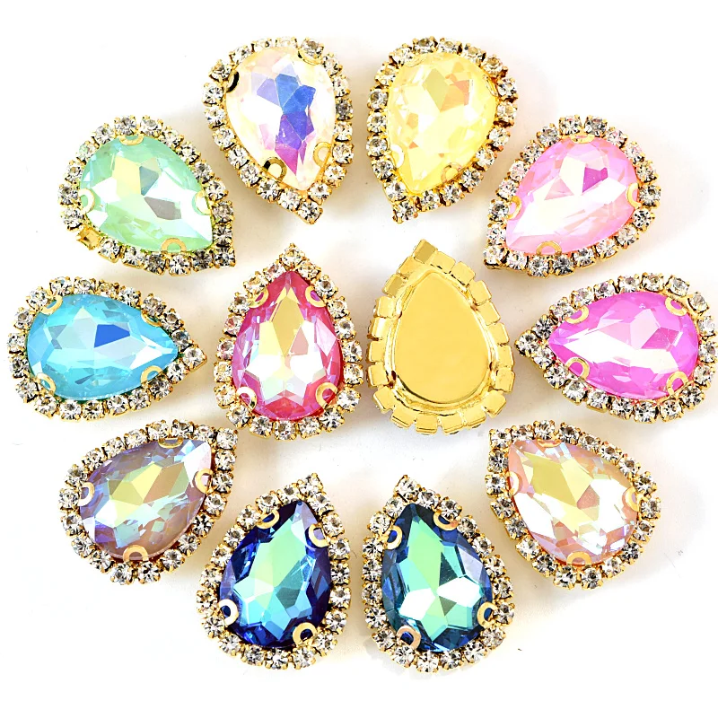 

20pcs 13x18mm Teardrop Colorful Glass Sew On Rhinestones With Gold Claw Drop Crystal Sew On Claw Rhinestone For Garment B3774