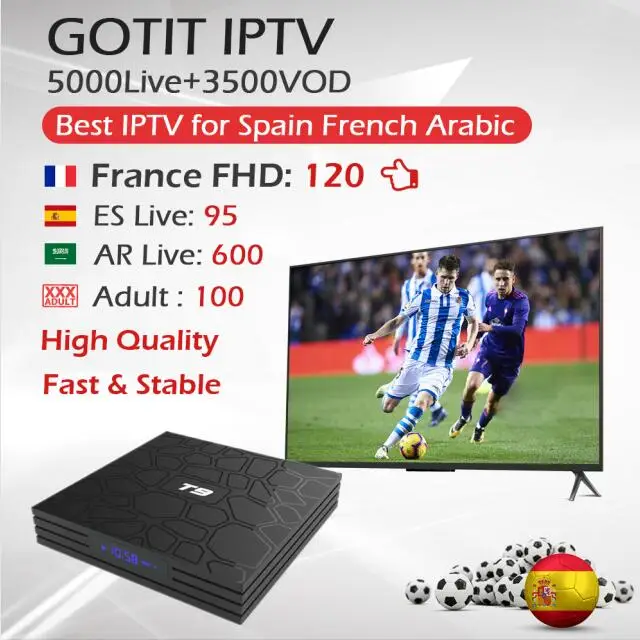 

KING IPTV Subscription French Arabic IPTV T9 Android9.0 TV BOX 4G 64G RK3318 Octa-core WIFI BT 4K Netflix Youtube T9 Set Top BOX
