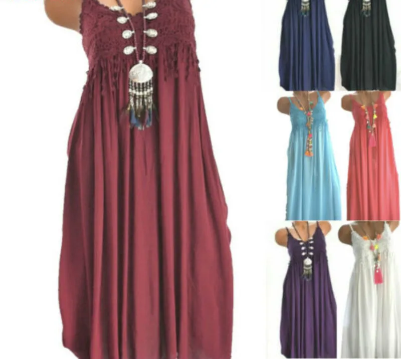

Plus Size Women Boho Lace Spaghetti Strap Midi Dress Tassel Casual Party Short Beach Dress
