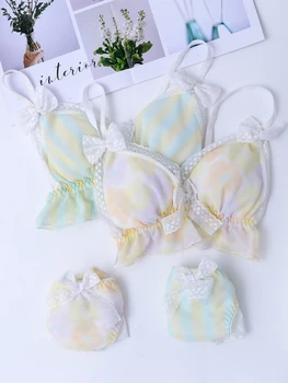 

Macaron Color Cute Women's Japanese Bra & Panties Set Chiffon Wirefree Soft Underwear Sleep Intimates Set Lolita