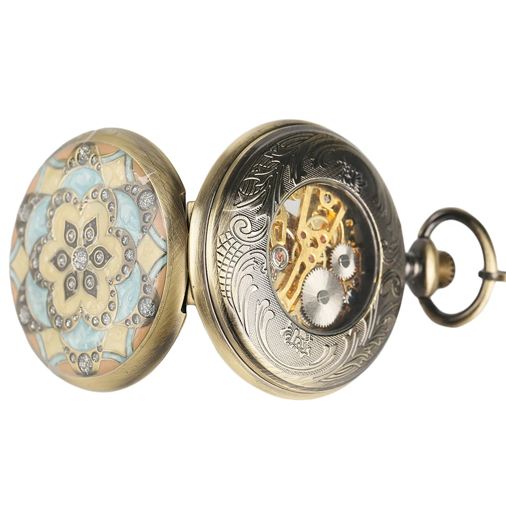 Carving Circle Flowers Pendant Pocket Watch Mens Steampunk Bronze Hand Winding Mechanical Watches Skeleton Hand Around Clock1 (2)