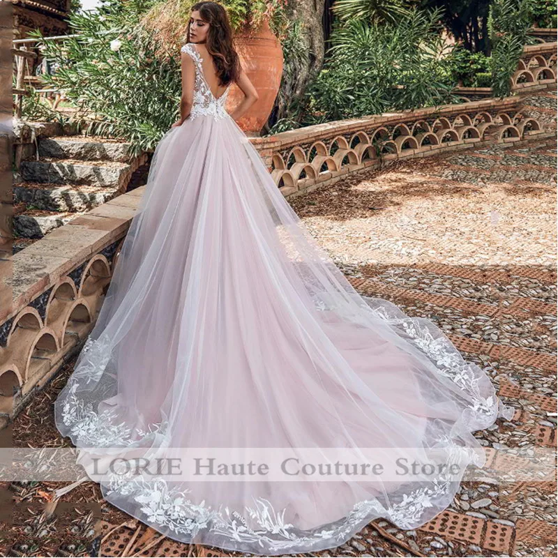 LORIE розовое свадебное платье принцессы трапециевидные Свадебные платья с аппликацией Кружева Бохо иллюзия свадебное платье с открытой спиной длина до пола