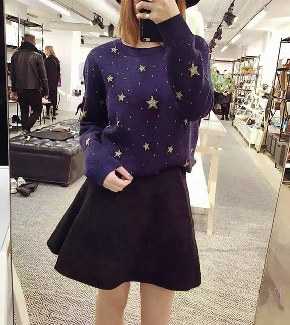 Qooth New Fashion Pullovers Sweater Women Stars