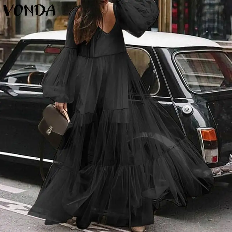 

Vintage Dress VONDA 2019 Spring Autumn Sexy V-Neck Lantern Long Sleeve High Waist Maxi Party Sundress Vestido Plus Size S-5XL
