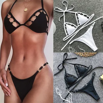 

Women Push-Up Padded Low Waist Solid Bikini Set Strappy Hollow Sexy and Loose Swimsuit Beachwear Swimwear Bathing Suit