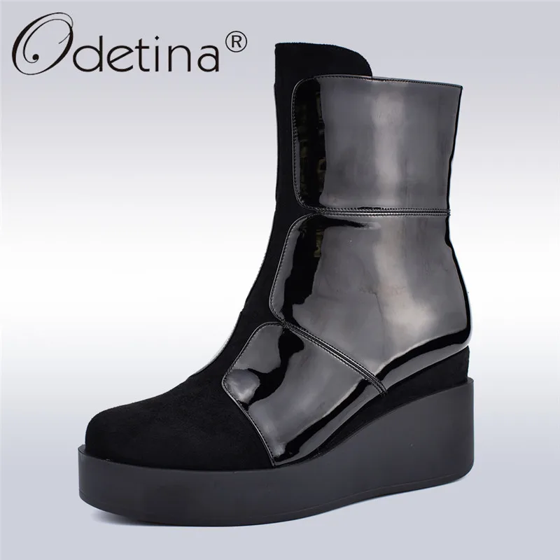 

Odetina Autumn Winter Thick Plush Ankle Boots For Women Fashion Patchwork 8cm Wedges Boots With Platform Side Zipper Warm Shoes