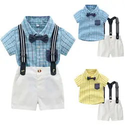 Лидер продаж, брендовый комплект с короткими рукавами для маленьких девочек, одежда для маленьких мальчиков, джентльменский бант, футболка