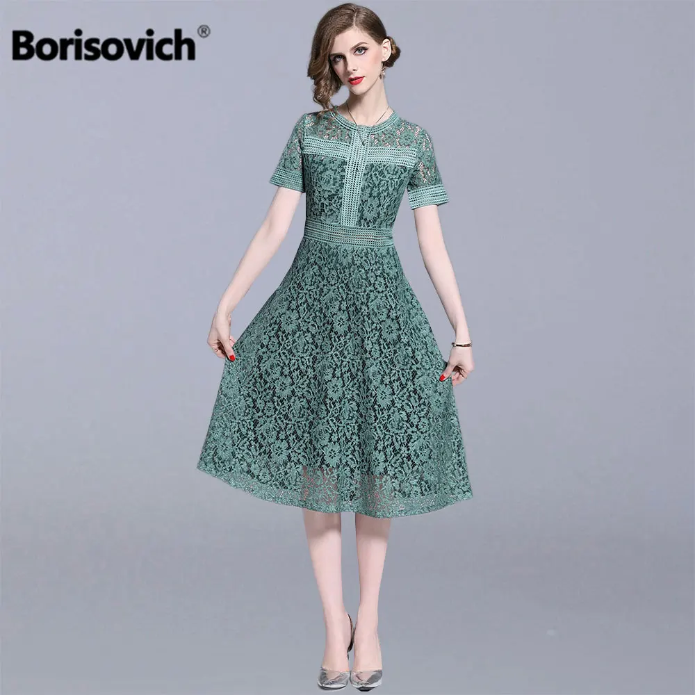 

Borisovich Women Summer Casual Dress New 2019 Fashion Knee-length Elegant A-line Hollow Out Lace Ladies Party Dresses N1192