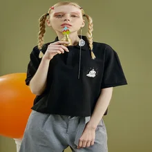 Новые летние рубашки с милой вышивкой из мультфильма, Черная Женская свободная модная футболка с коротким рукавом