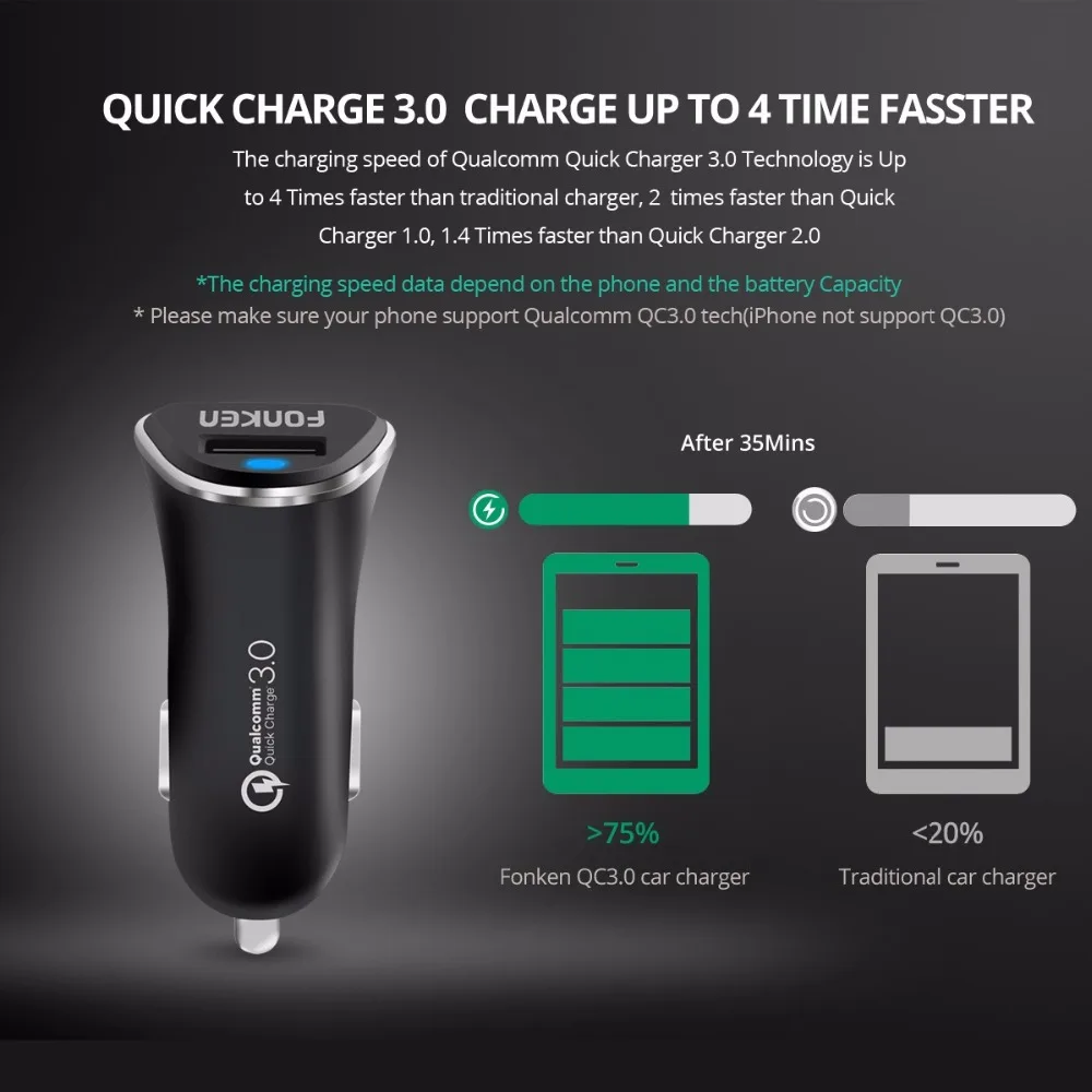 FONKEN USB شاحن سيارة سريعة تهمة 3.0 سريع السيارات سيارة-شاحن ماكس 18 W الطاقة محول QC3.0 QC2.0 شحن المحمول شواحن الهاتف