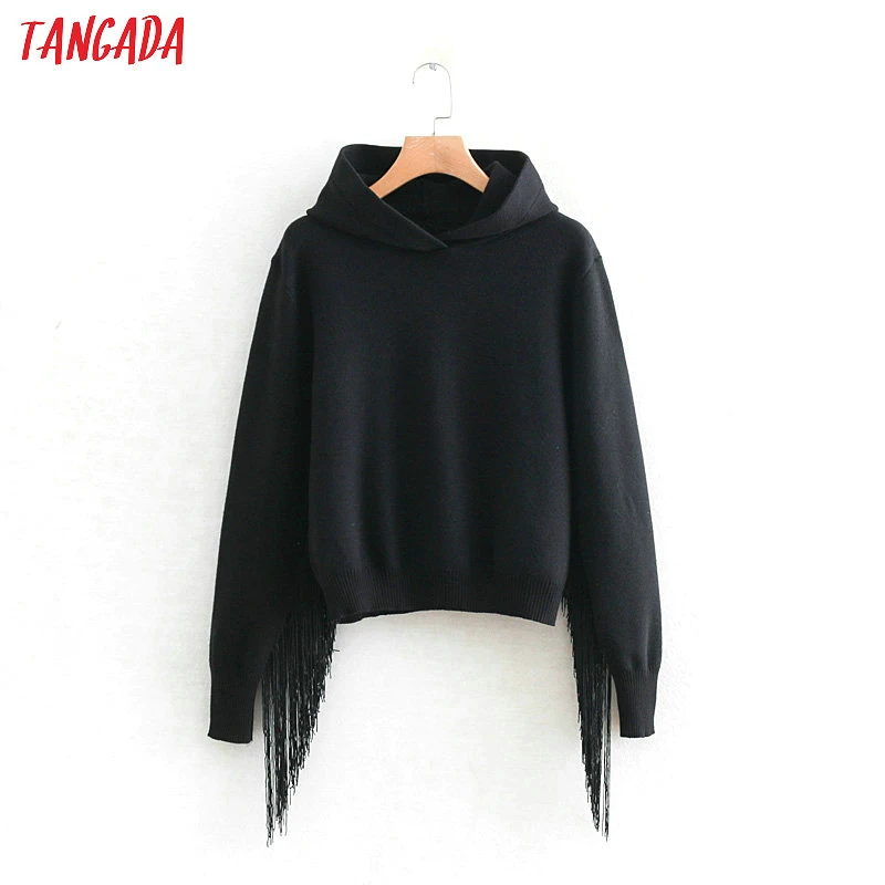 

Tangada Women Chic Tassel Hooded Sweaters Pullovers Fashion Black Sweater Female Pullover Ladies Cropped Jumper Pull Femme RY439