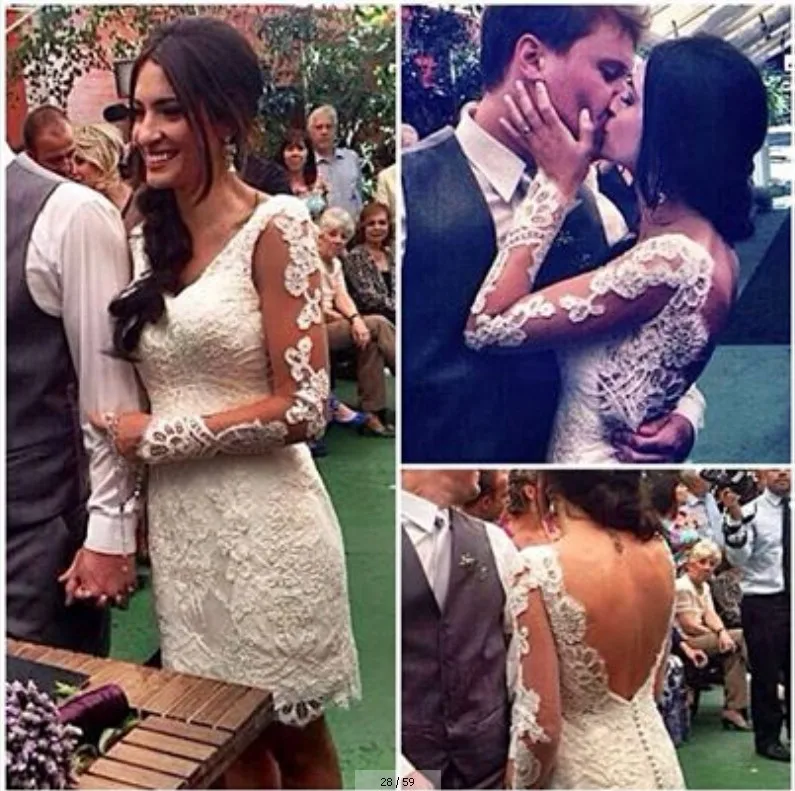 

vestidos de fiesta Vintage Lace Backless Short Wedding Dress with Sheer Long Sleeve 2014