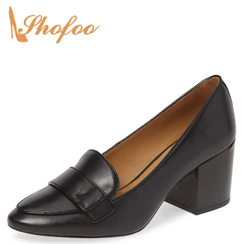 

Black Brown High Chunky Heels Pointed Toe Pumps Woman Genuine Leather Large Size 11 14 For Ladies Office Shoes Mature Concise