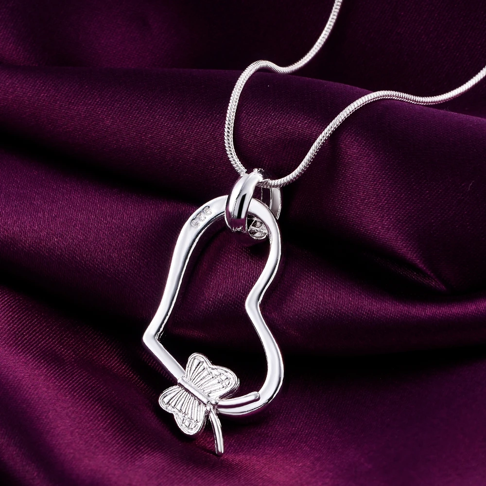 

P090 New Wholesale Free shipping Beautiful fashion silver color jewelry charm women heart butterfly pendant necklace Kinsle