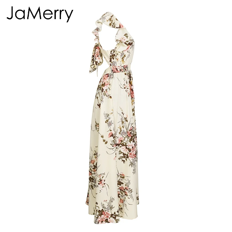 JaMerry 2018 V neck ruffles long dress women Floral print boho maxi dress summer Spring casual high waist dress vestidos femme