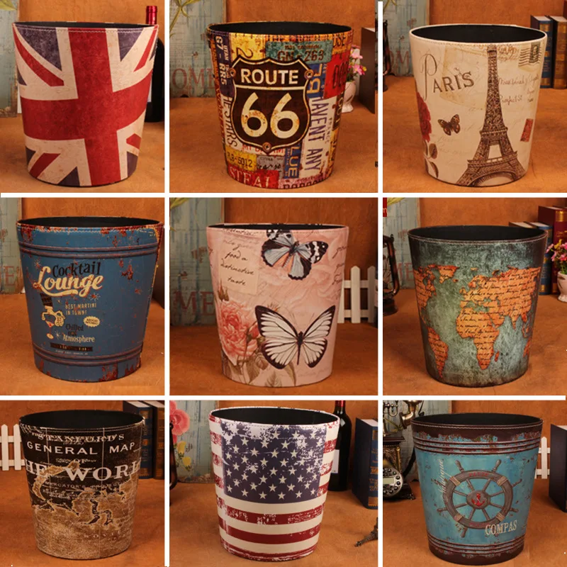 

Creative British leather trash can round large household simple Home soft decoration trash bin retro paper basket