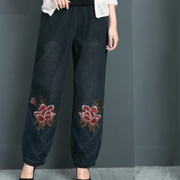 

women spring and autumn new Embroidered jeans wide leg pants loose plus size M-5XL elastic waist long trousers bloomers