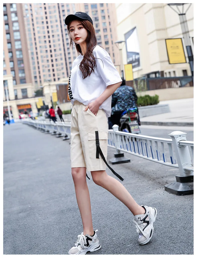 WKOUD Для женщин летние шорты капри 2019 Карамельный цвет грузов короткие штаны Harajuku Повседневное свободные эластичные Шорты с высокой талией