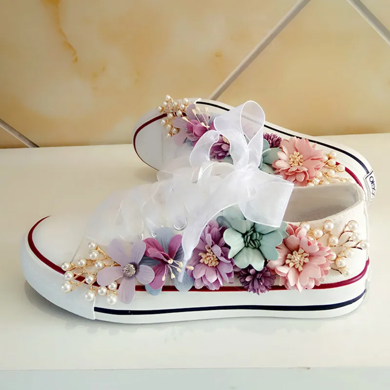 Корейская фантазия семь цветов цветы жемчуг австрийский горный хрусталь ленты с толстой подошвой тонкие туфли парусиновая обувь