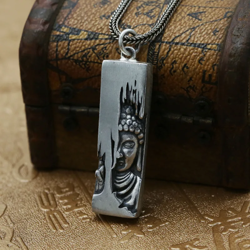 S990 Sterling Silver Buddhist Jewelry Buddha Pendant Rectangular Tag