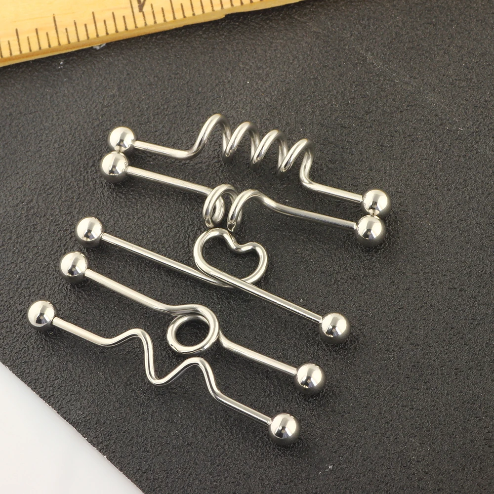 JUNLOWPY 14G Stainless Steel  Industrial Barbell Cartilage Earring Body Piercing Jewelry 1 1/2"(38mm) Heart Wave Circle