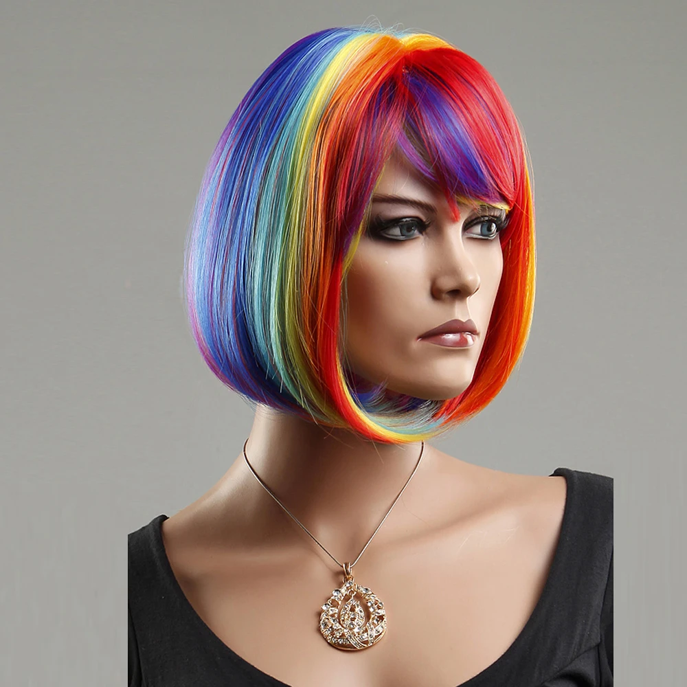 Yiyaobess 12 дюймов Синтетические волосы короткий парик цвета радуги с челкой красочные Косплей парики для женщин японское волокно