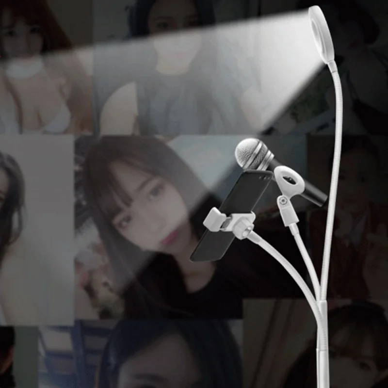 

Selfie Ring Photography Enhancing Light Cell Phone Stand + Mic Holder for Live Stream Makeup LED Camera Light for iPhone Android