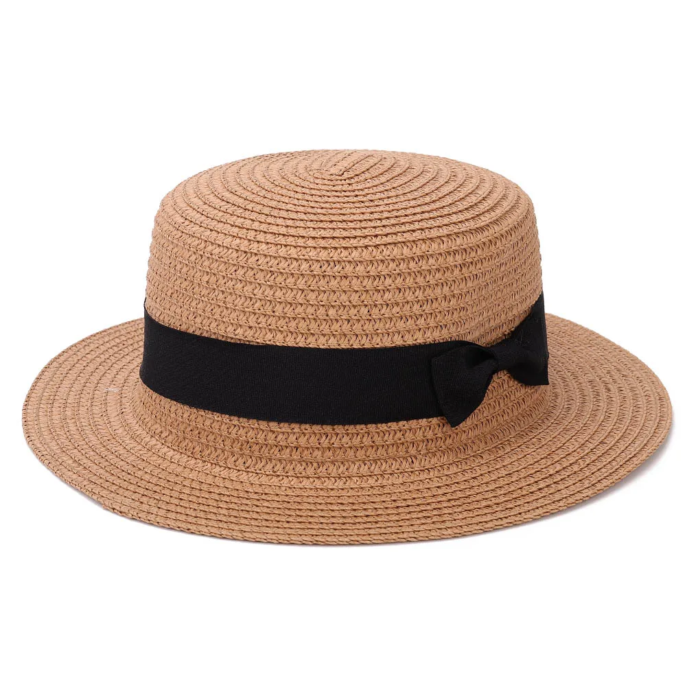 Lady Boater Sun Caps Ribbon Round Flat Top Straw Beach Hat Panama Hat