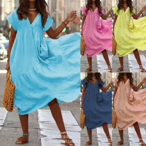

Ladies Women Summer Short Sleeve Cotton Linen Casual Loose Dress Fashion Short Sleeve V neck Loose Dress S-XL